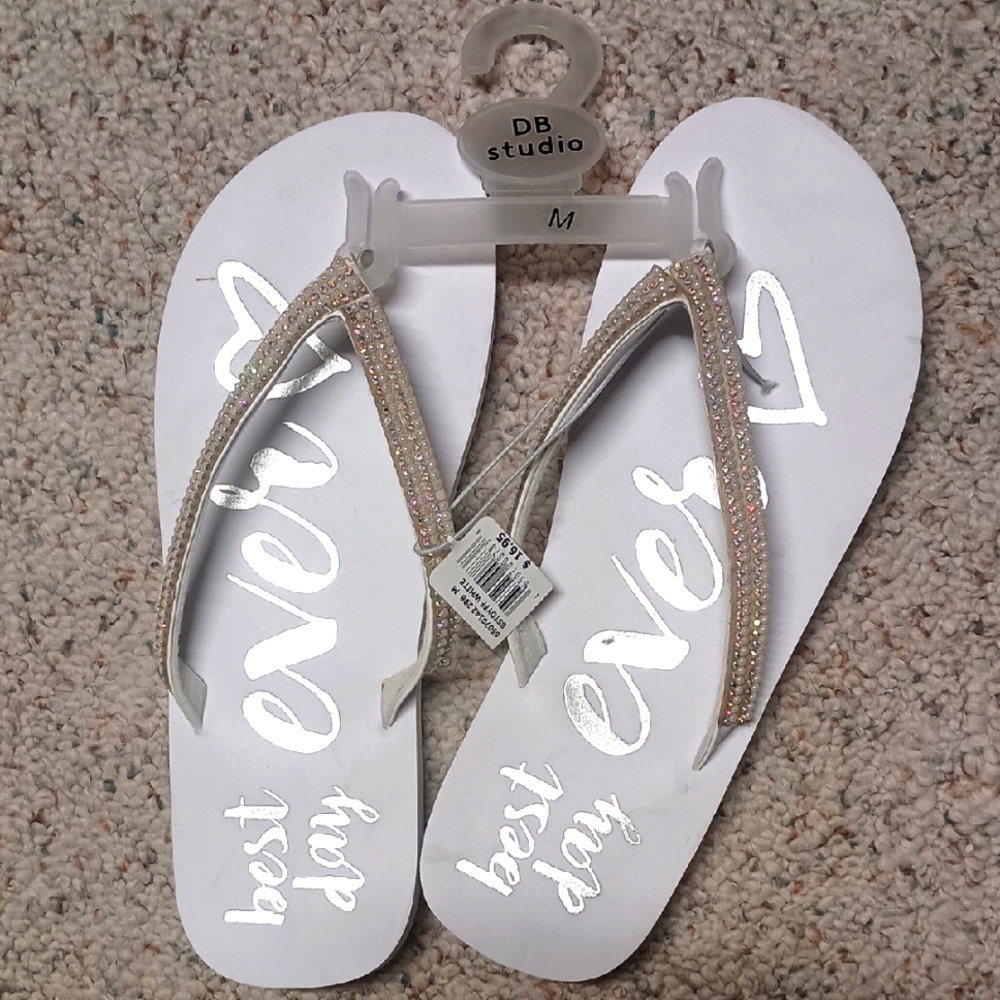 White and Silver Women's Flip Flops